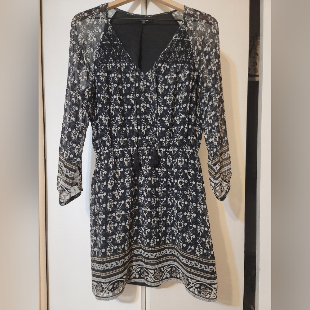 Madewell Black and White V-Neck Bishop Sleeve Sundress EUC